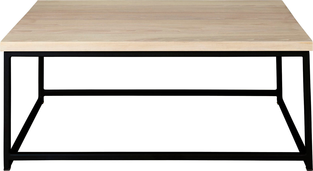 Black metal table with whitewash stain ash wood made in UK - front view square frame