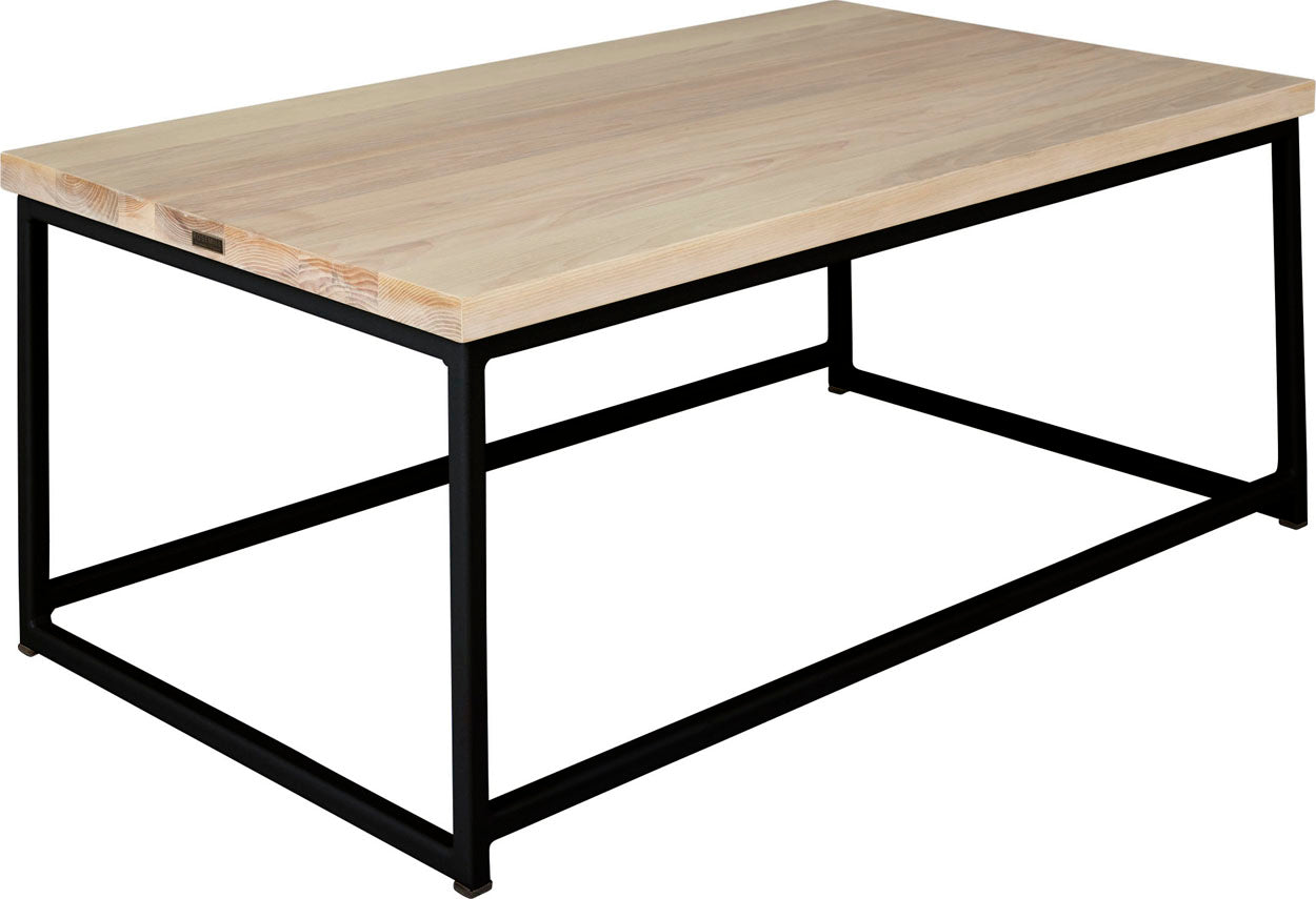 Black metal table with whitewash stain ash wood made in UK - angle view square frame