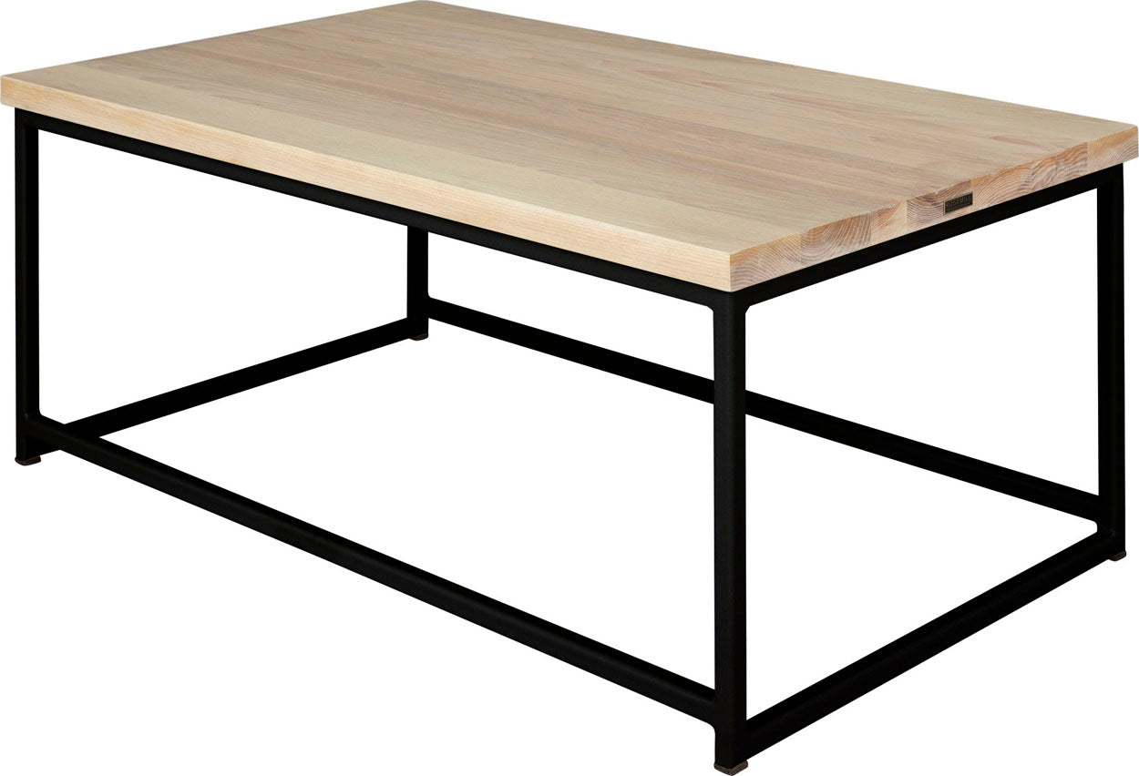 Black metal table with whitewash stain ash wood made in UK - back side view square frame