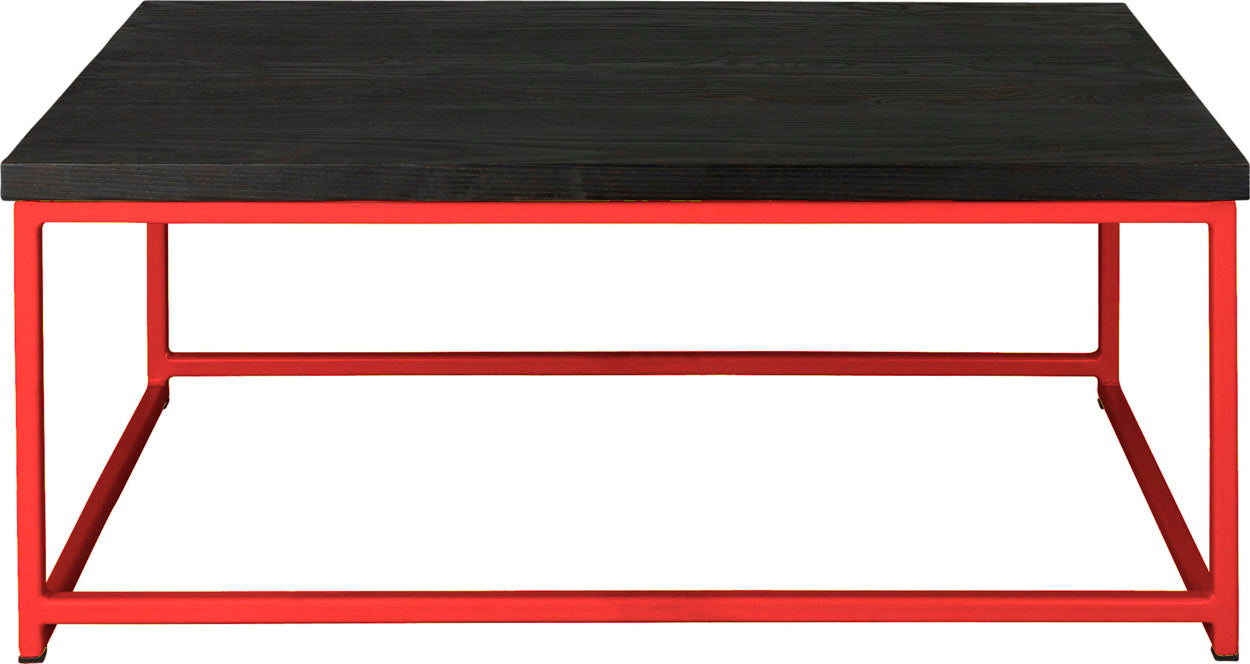 Red metal table with black stain ash wood made in UK - front view square frame
