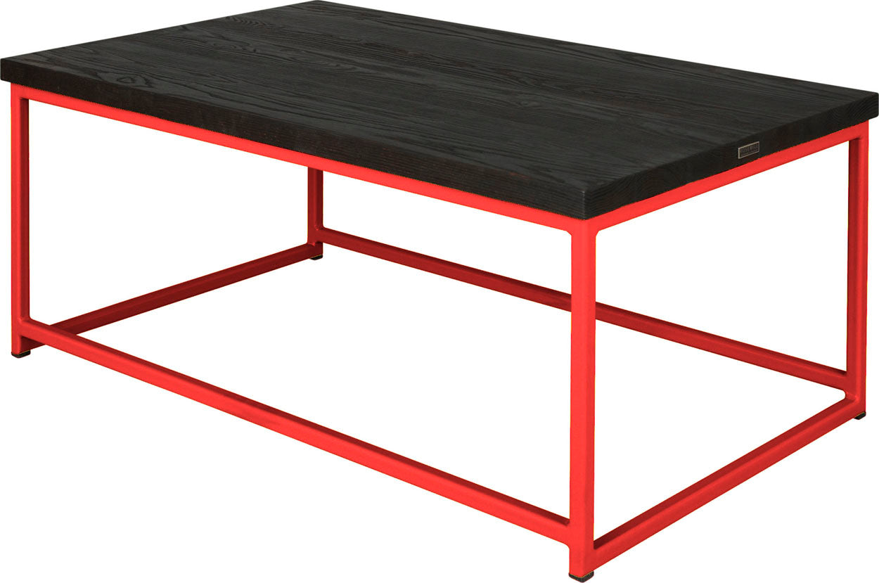 Red metal table with black stain ash wood made in UK - back side view square frame