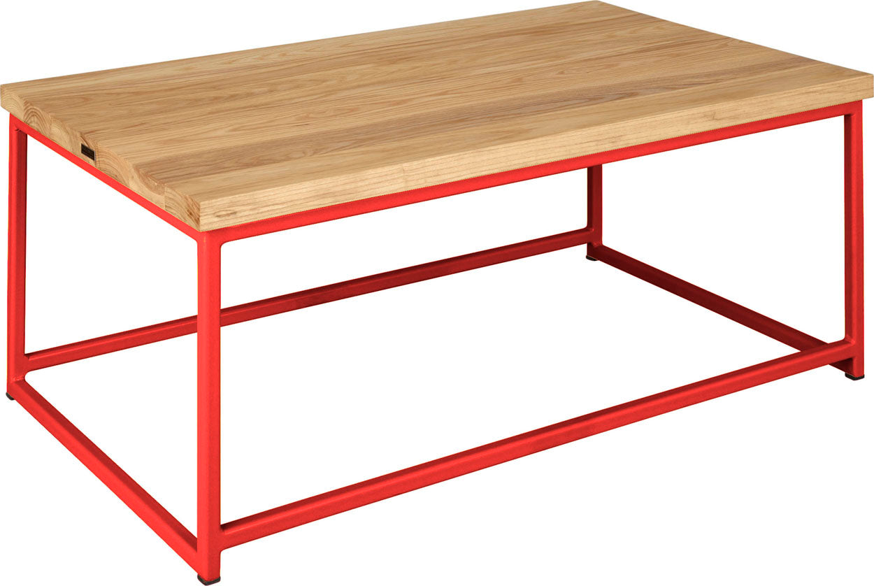 Red metal table with natural stain ash wood made in UK - angle view square frame