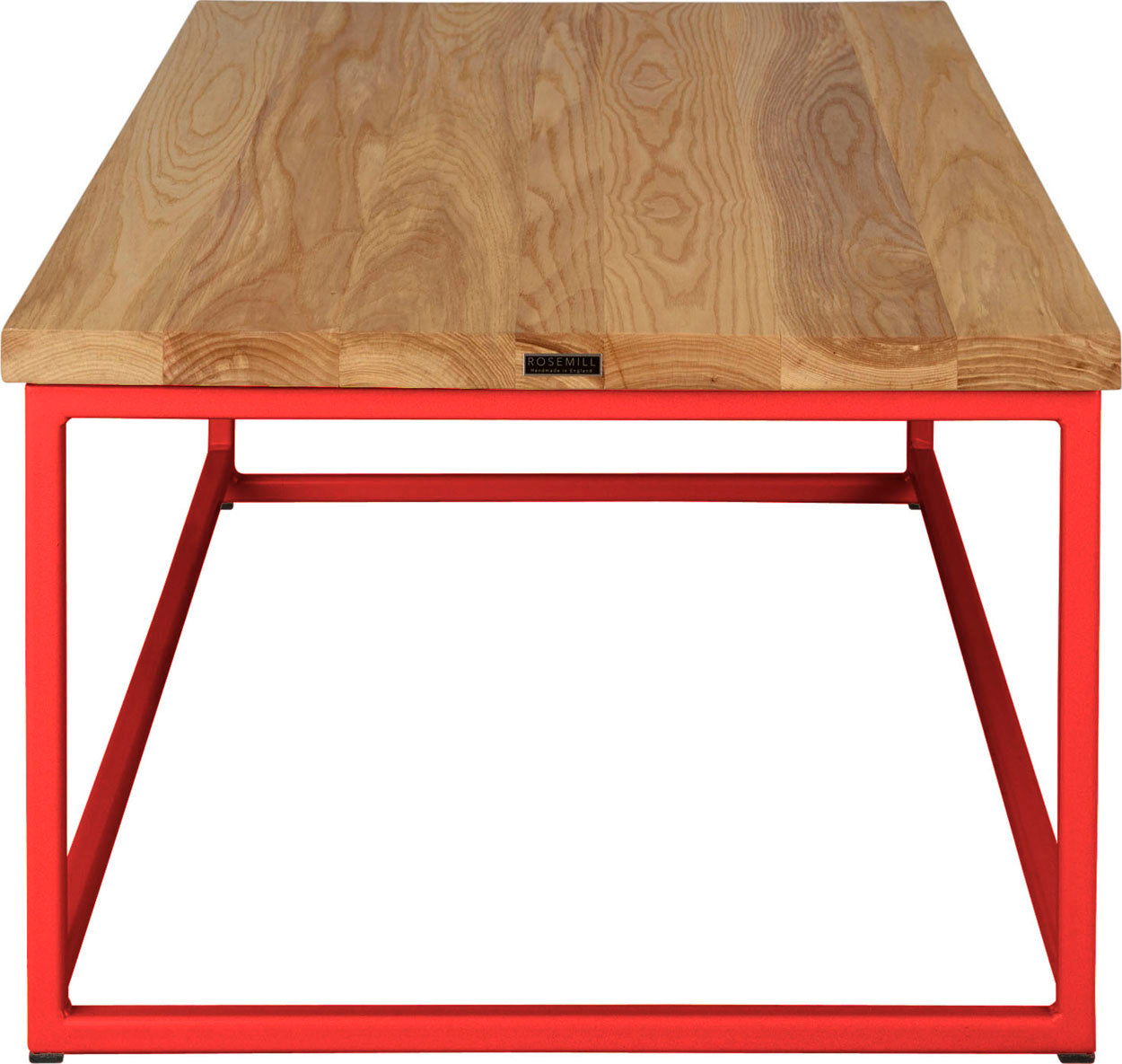 Red metal table with natural stain ash wood made in UK - side view square frame