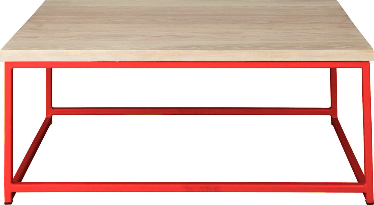 Red metal table with whitewash stain ash wood made in UK - front view square frame