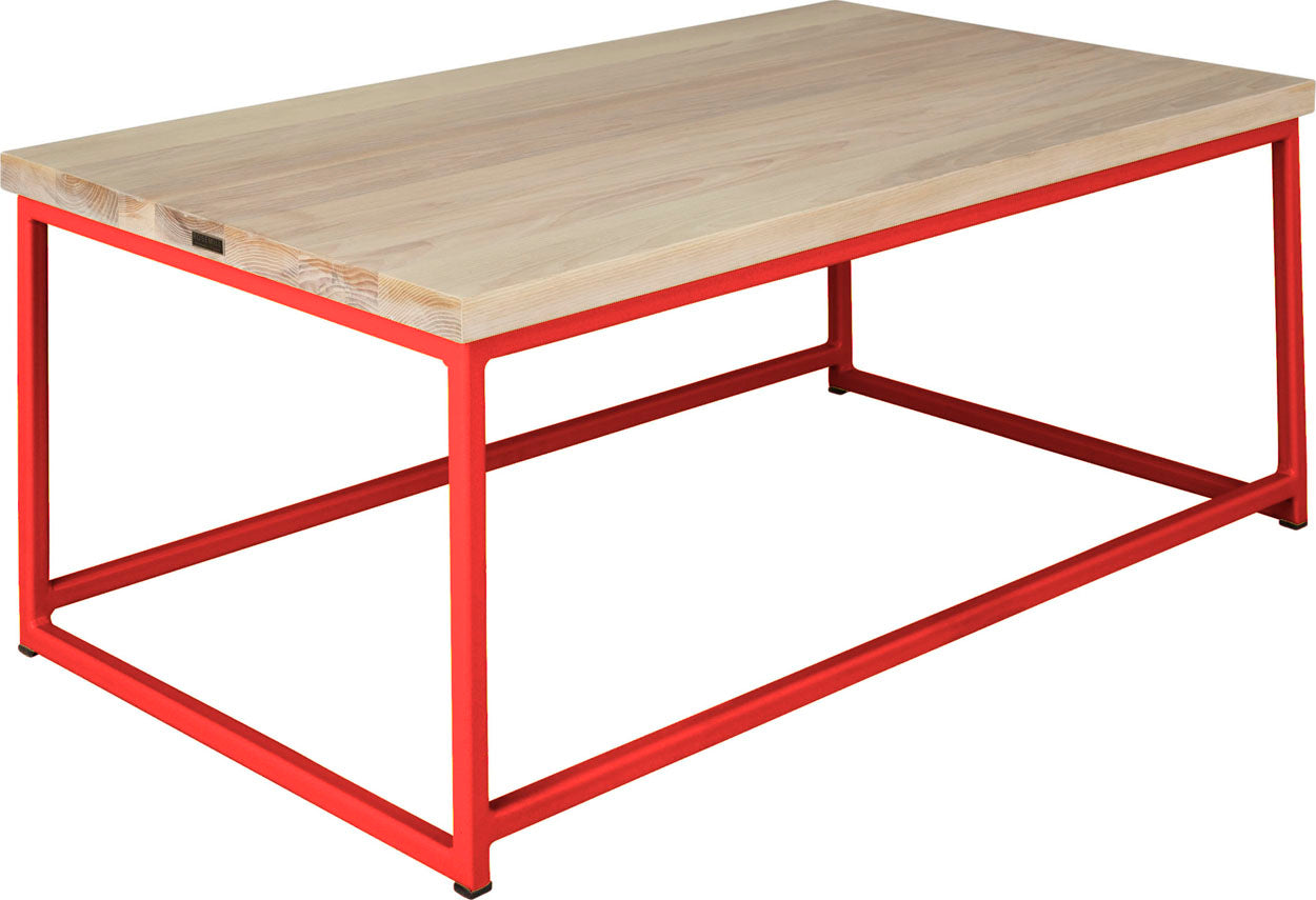 Red metal table with whitewash stain ash wood made in UK - angle view square frame