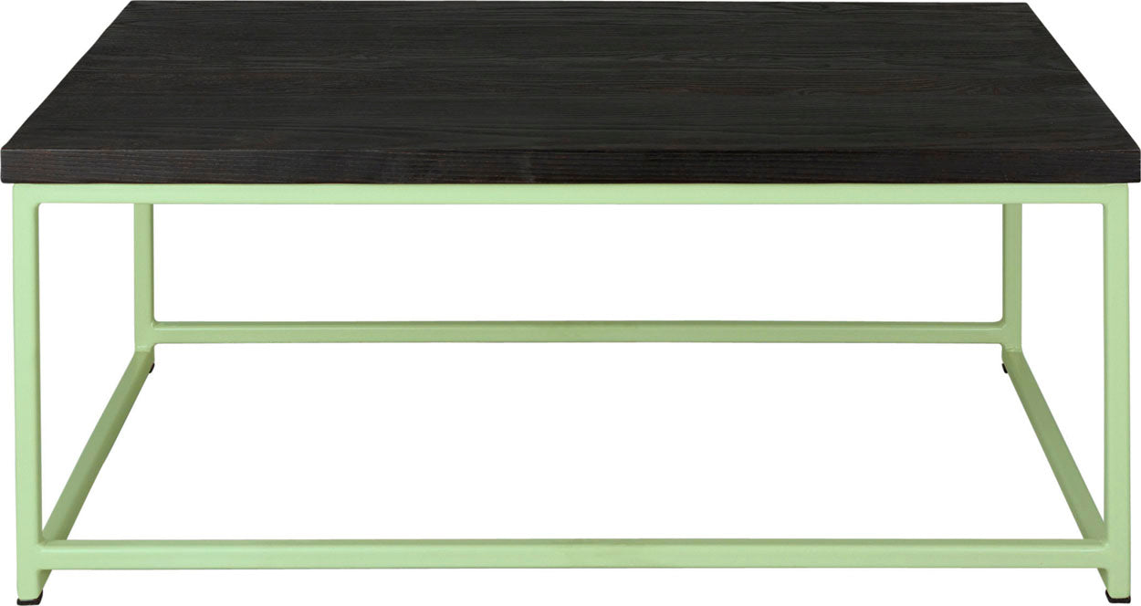 Sage green metal table with black stain ash wood made in UK - front view square frame