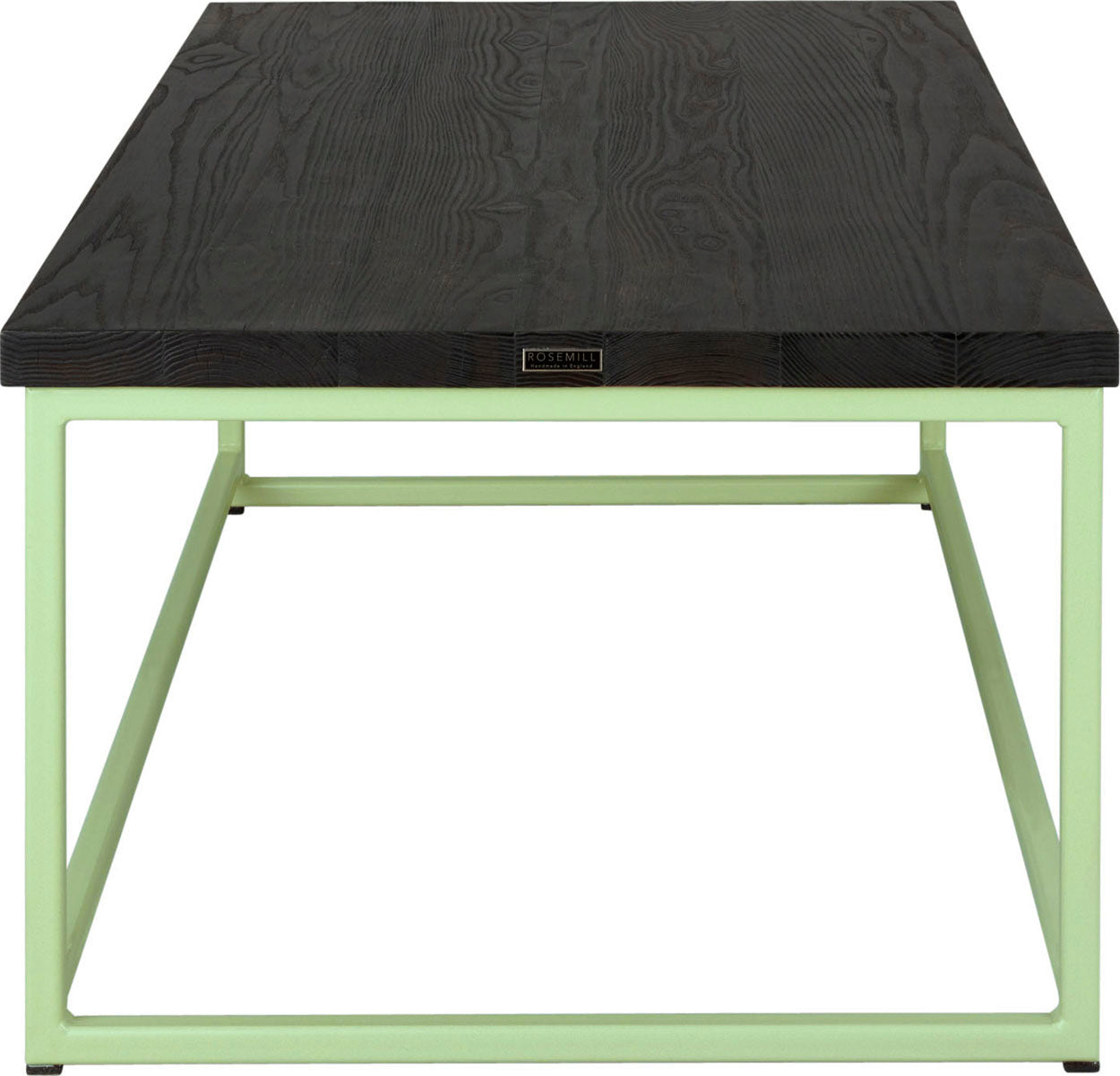 Sage green metal table with black stain ash wood made in UK - side view square frame
