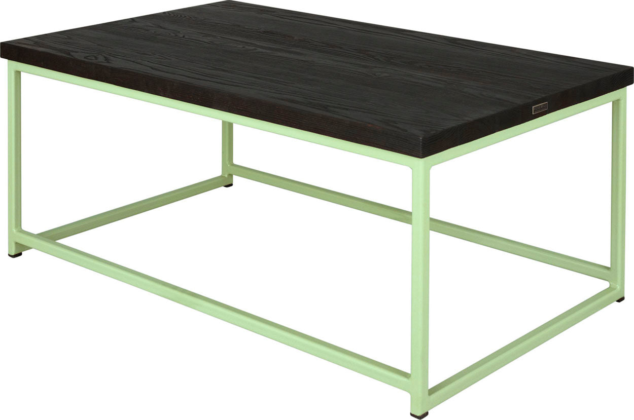 Sage green metal table with black stain ash wood made in UK - back side view square frame