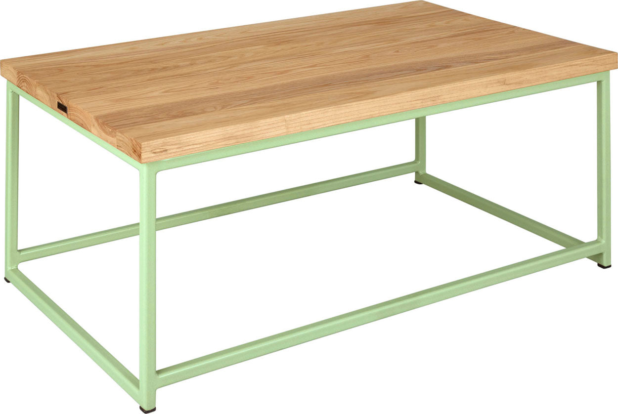 Sage green metal table with natural stain ash wood made in UK - angle view square frame