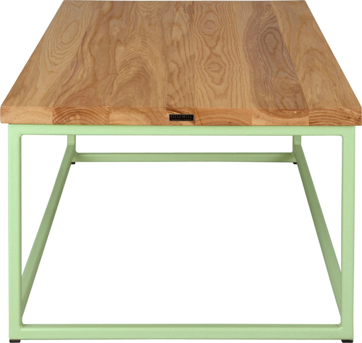Sage green metal table with natural stain ash wood made in UK - side view square frame