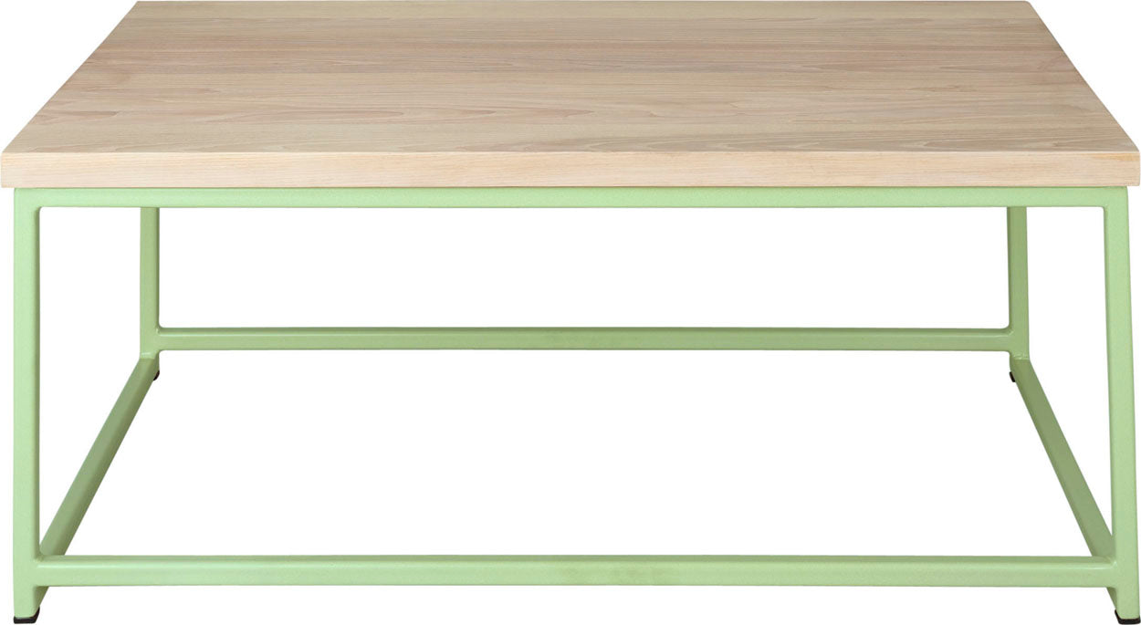 Sage green metal table with whitewash stain ash wood made in UK - front view square frame