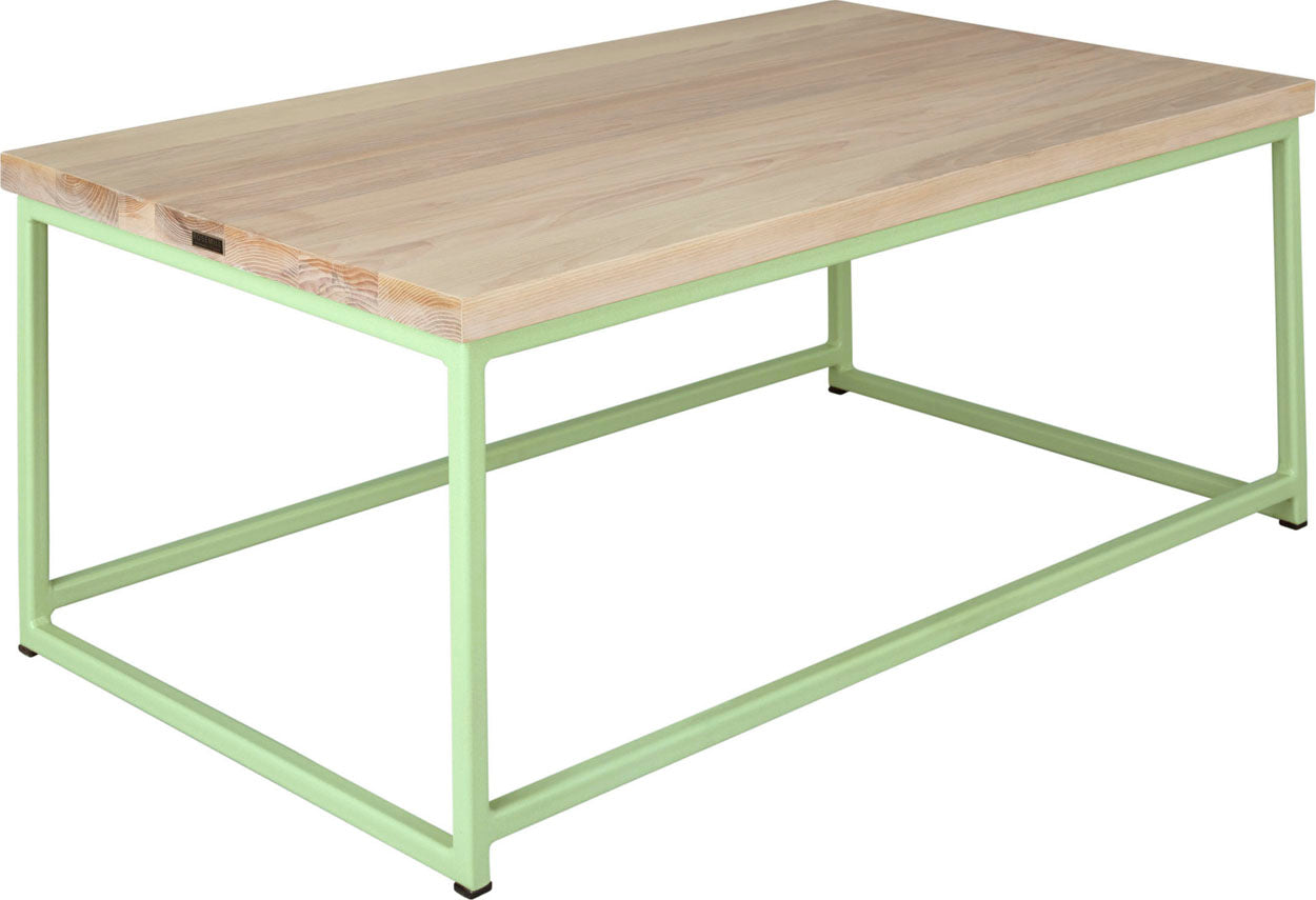 Sage green metal table with whitewash stain ash wood made in UK - angle view square frame