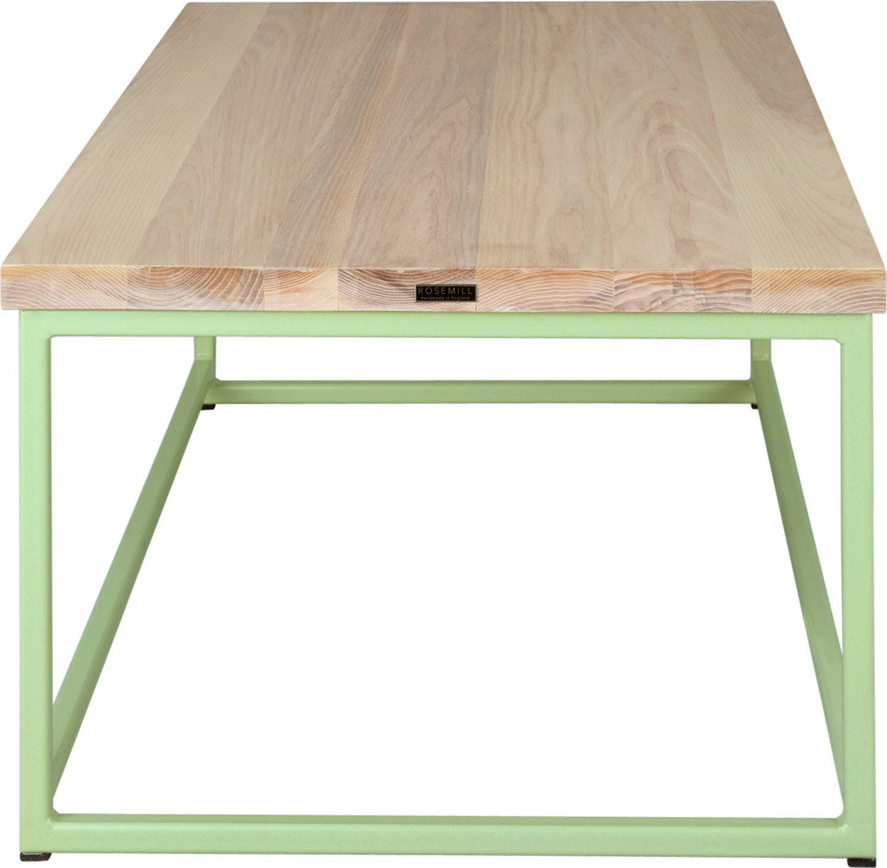 Sage green metal table with whitewash stain ash wood made in UK - side view square frame