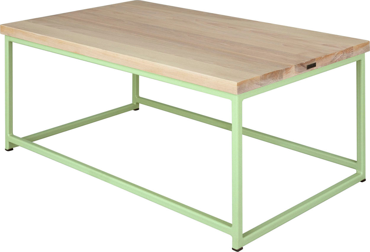 Sage green metal table with whitewash stain ash wood made in UK - back side view square frame