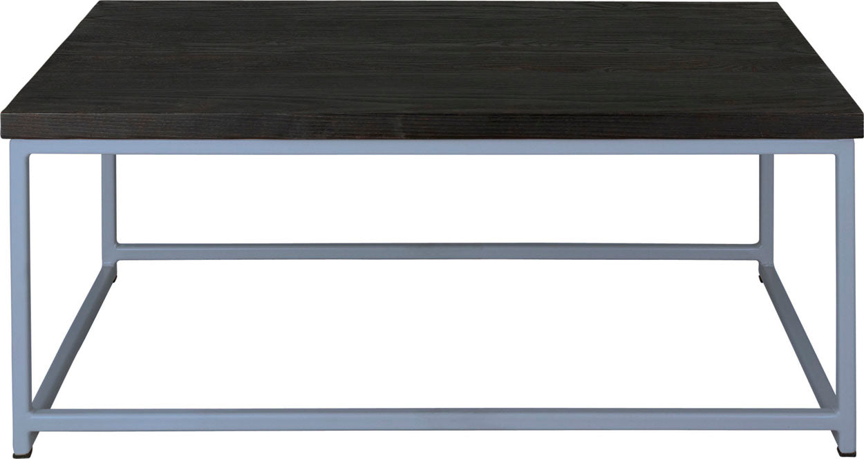 Shaker blue metal table with black stain ash wood made in UK - front view square frame