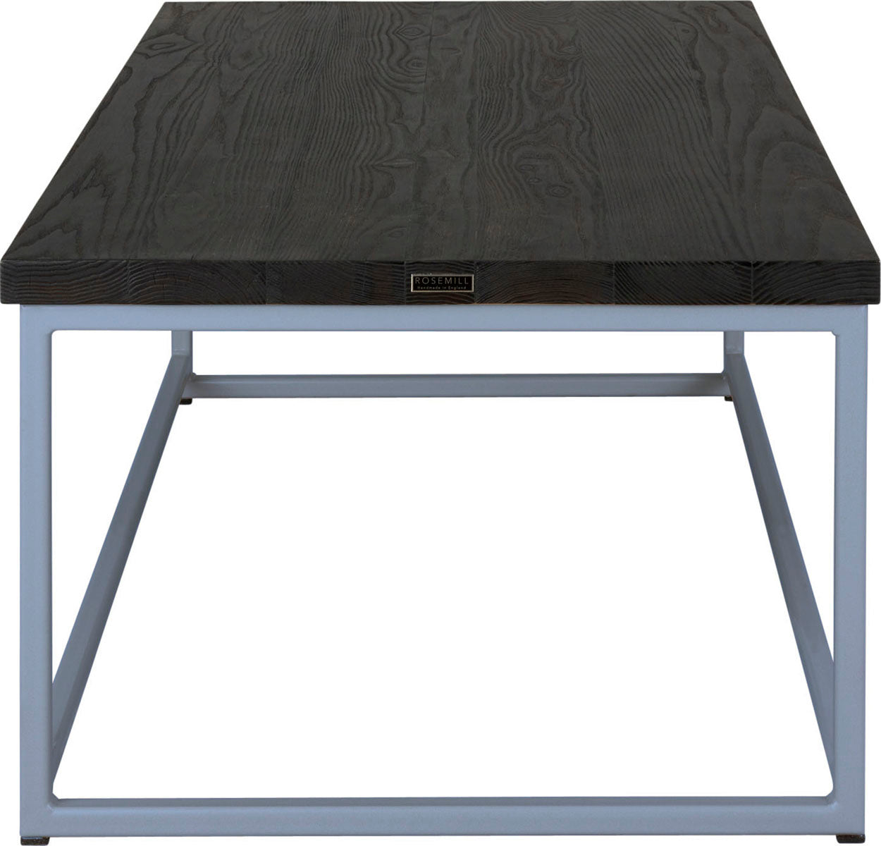 Shaker blue metal table with black stain ash wood made in UK - side view square frame