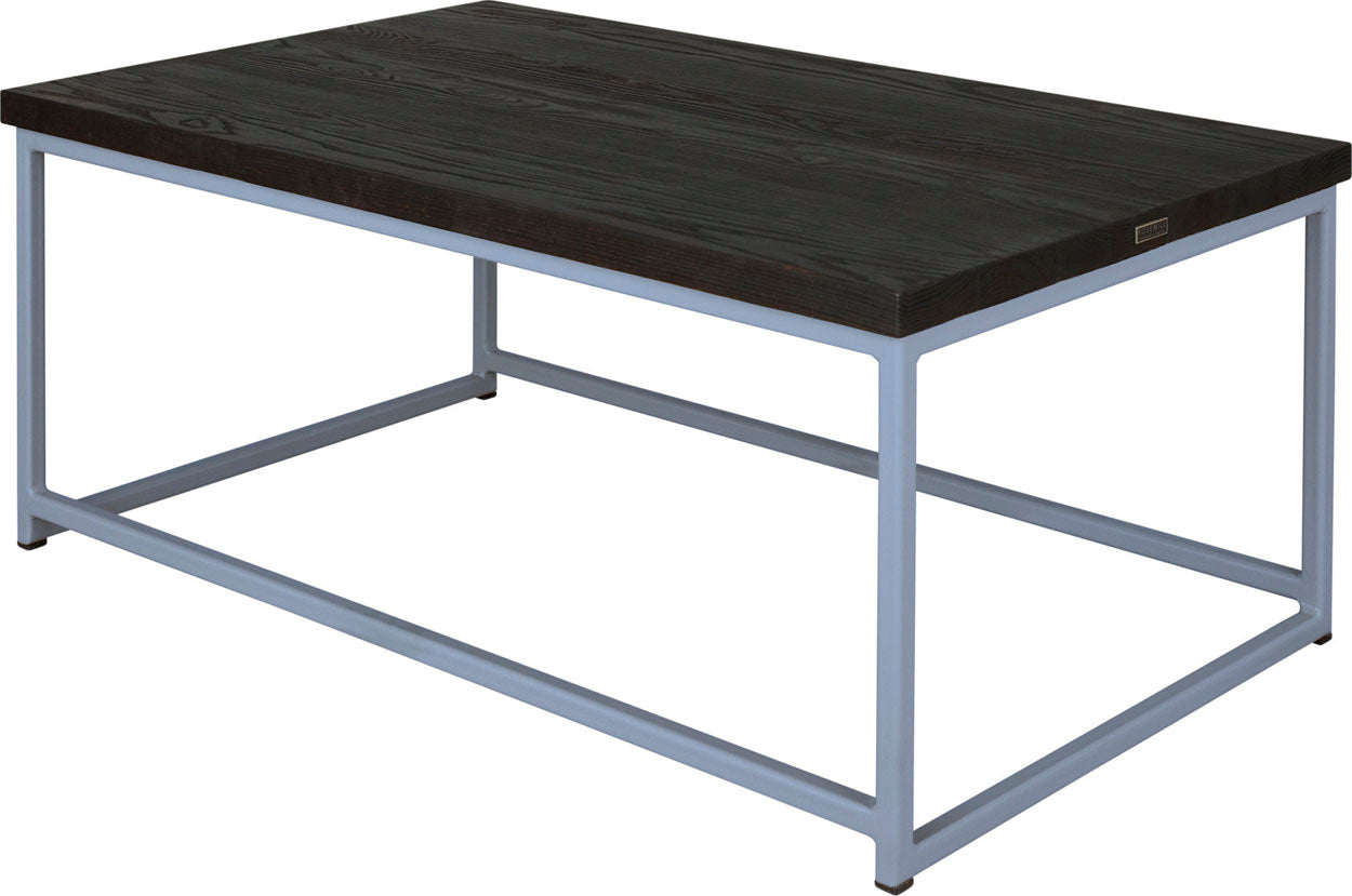 Shaker blue metal table with black stain ash wood made in UK - back side view square frame