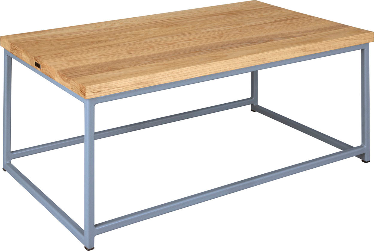 Shaker blue metal table with natural stain ash wood made in UK - angle view square frame