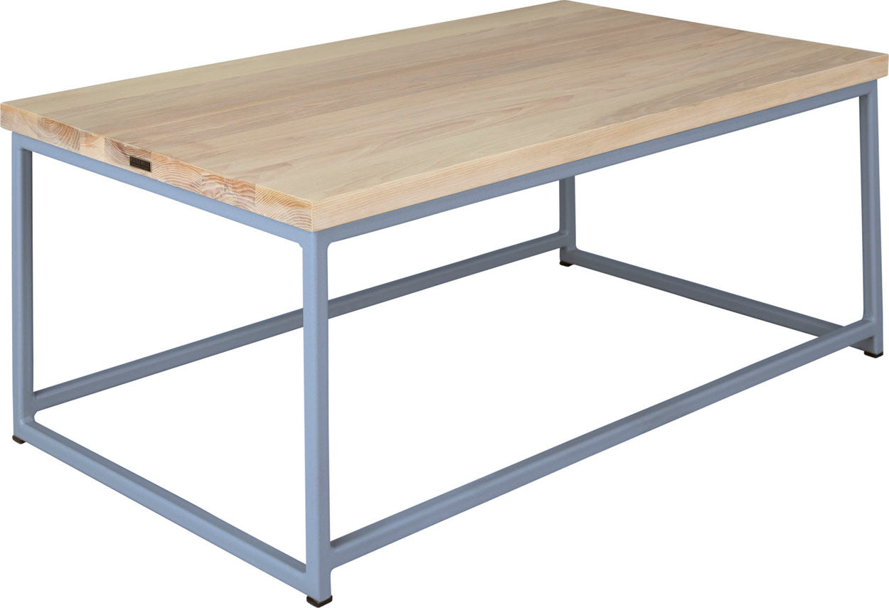 Shaker blue metal table with whitewash stain ash wood made in UK - angle view square frame
