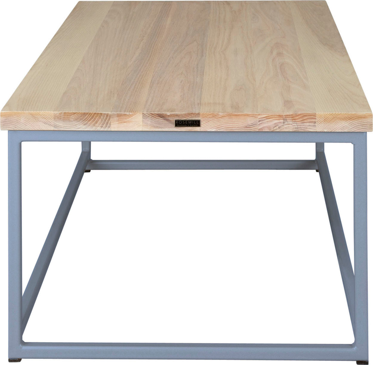 Shaker blue metal table with whitewash stain ash wood made in UK - side view square frame