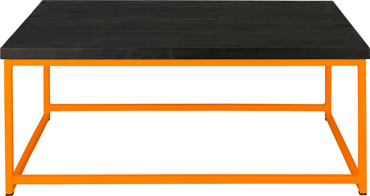Orange metal table with black stain ash wood made in UK - front view square frame
