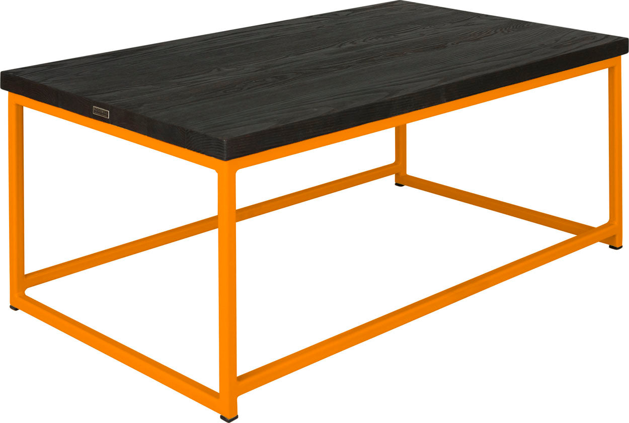 Orange metal table with black stain ash wood made in UK - angle view square frame