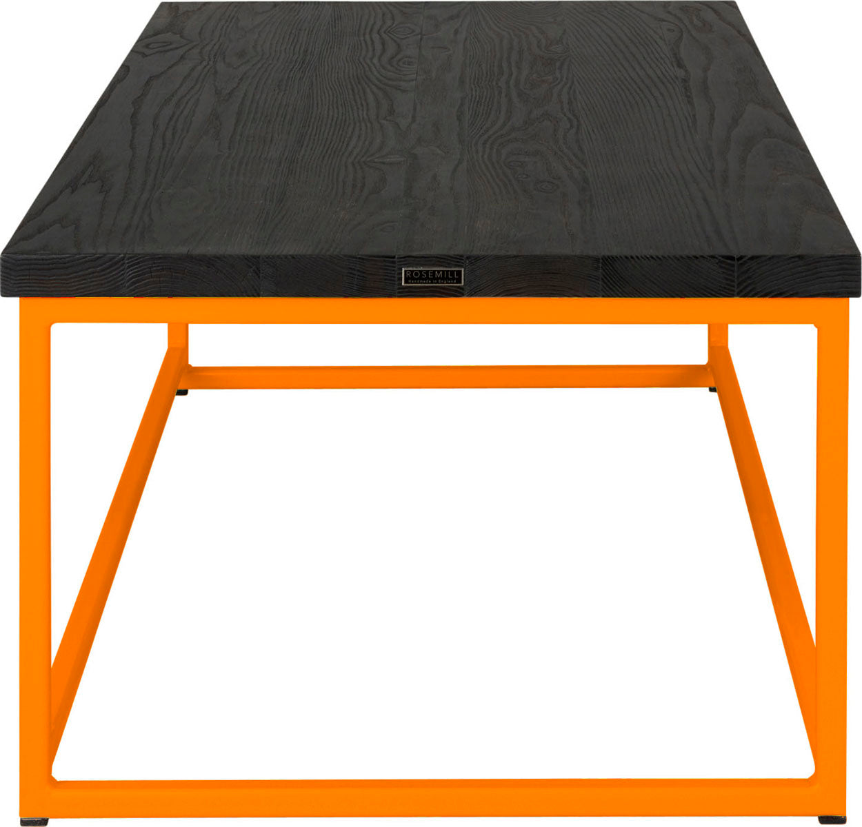 Orange metal table with black stain ash wood made in UK - side view square frame