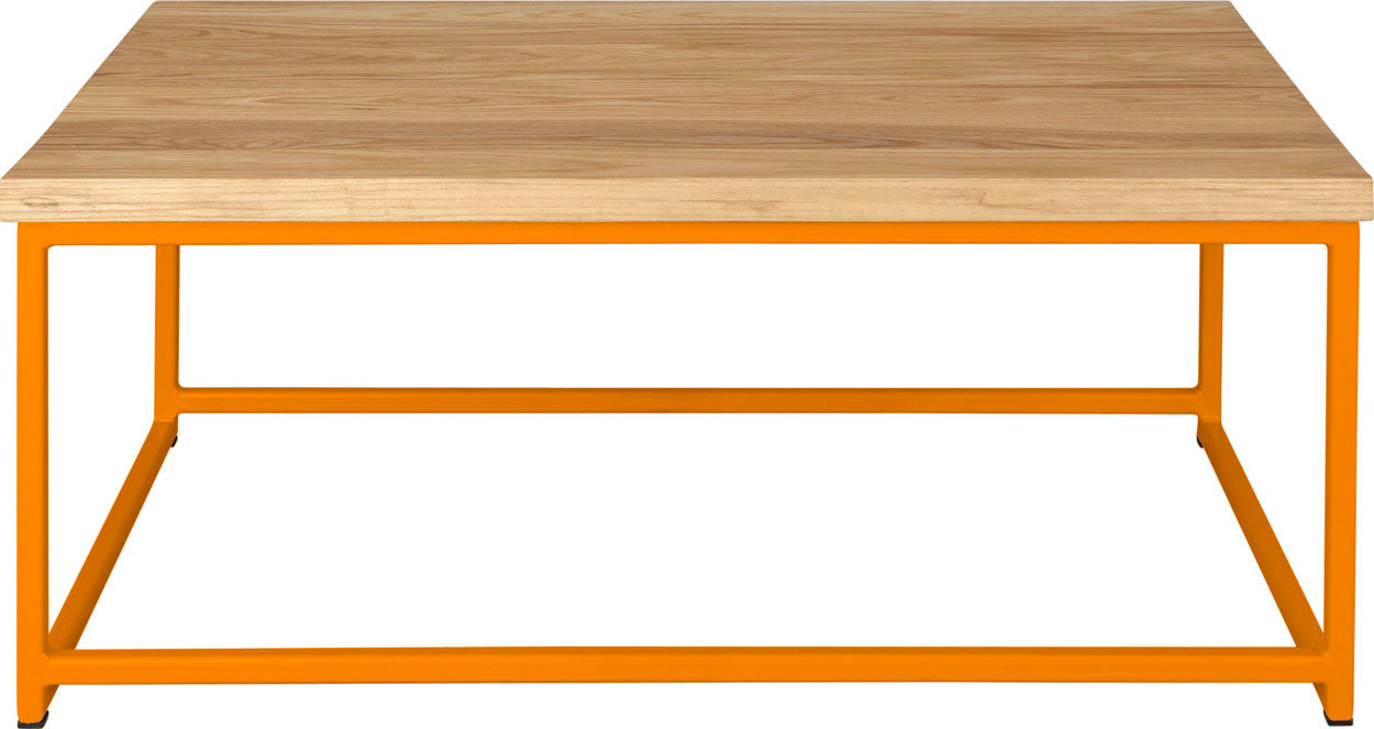 Orange metal table with natural stain ash wood made in UK - front view square frame