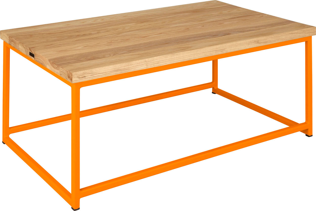 Orange metal table with natural stain ash wood made in UK - angle view square frame