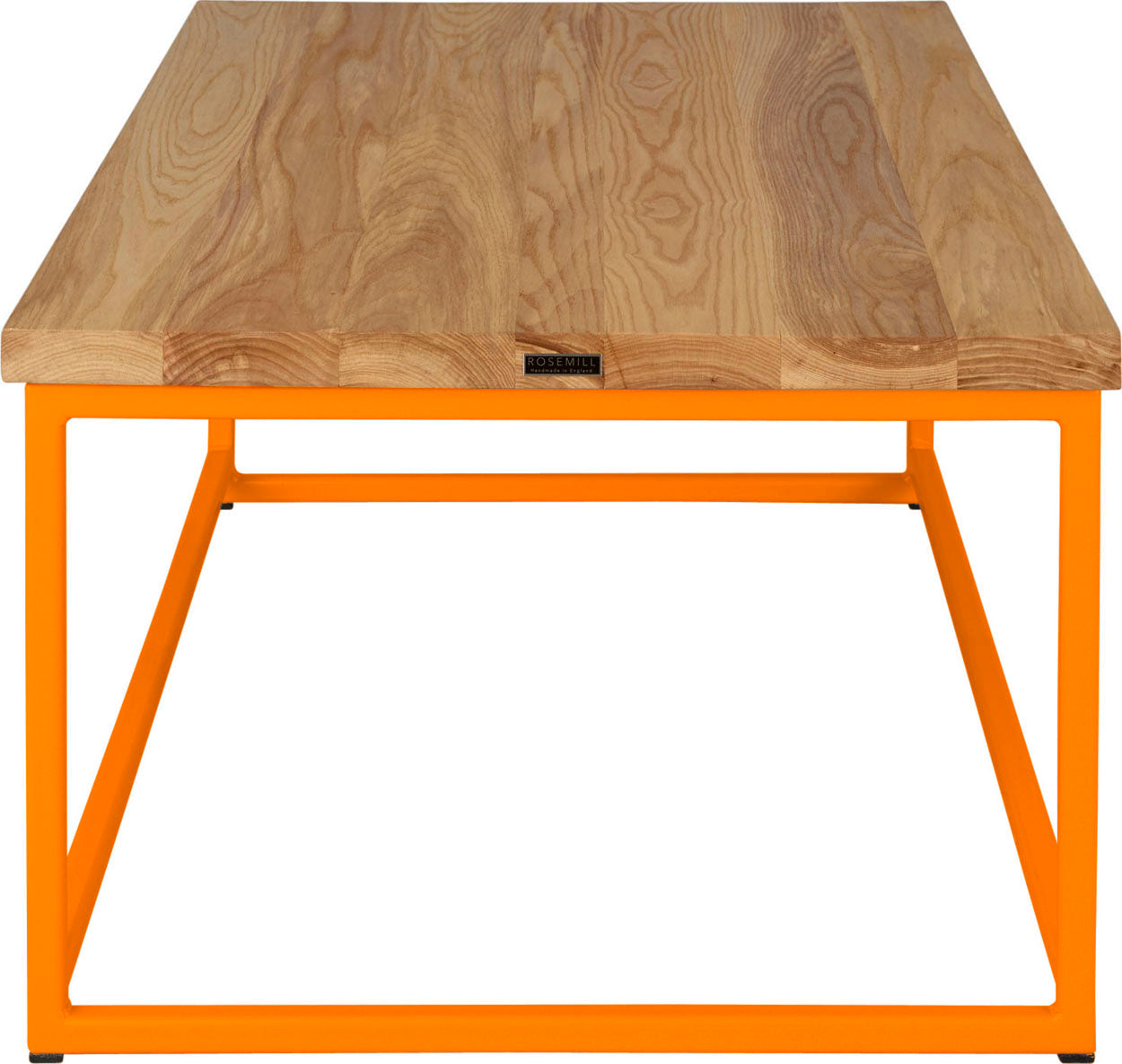 Orange metal table with natural stain ash wood made in UK - side view square frame