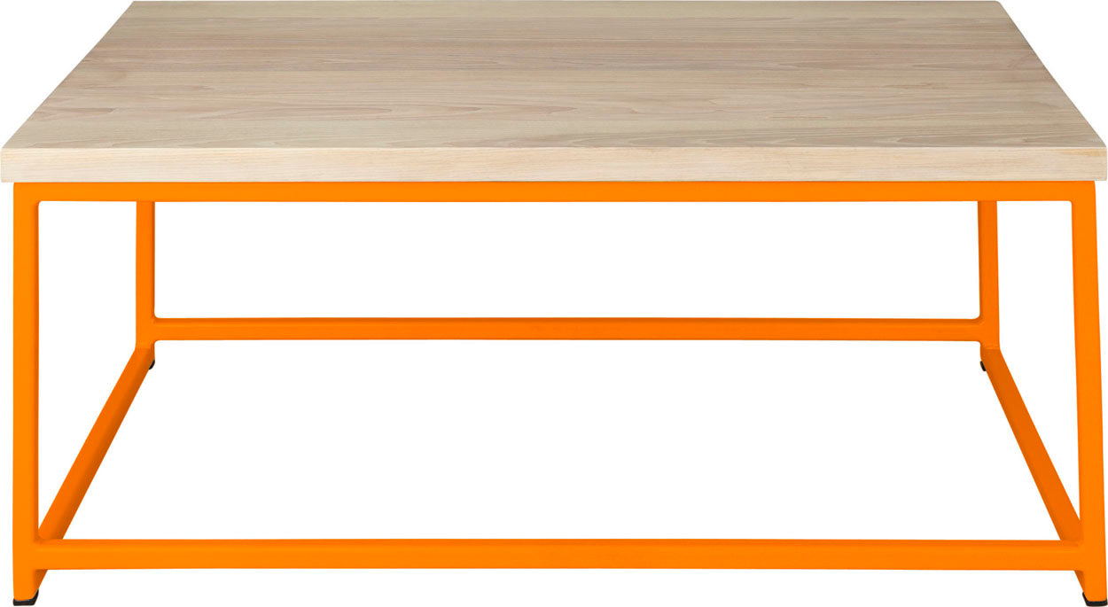 Orange metal table with whitewash stain ash wood made in UK - front view square frame