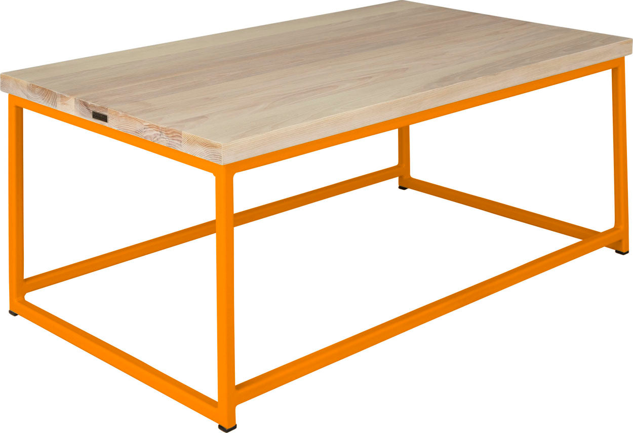 Orange metal table with whitewash stain ash wood made in UK - angle view square frame