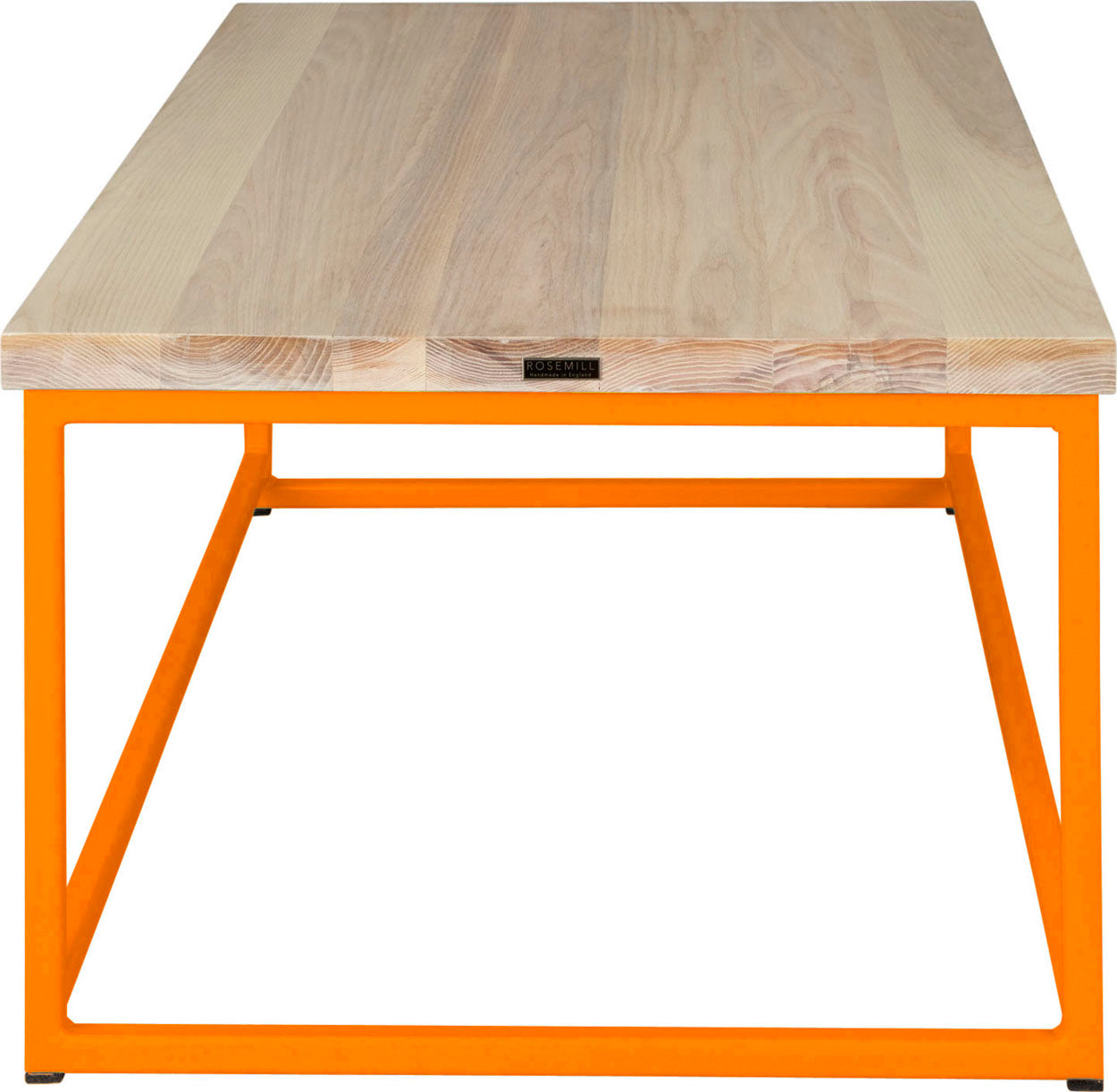 Orange metal table with whitewash stain ash wood made in UK - side view square frame