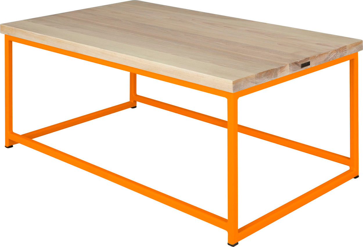 Orange metal table with whitewash stain ash wood made in UK - back side view square frame