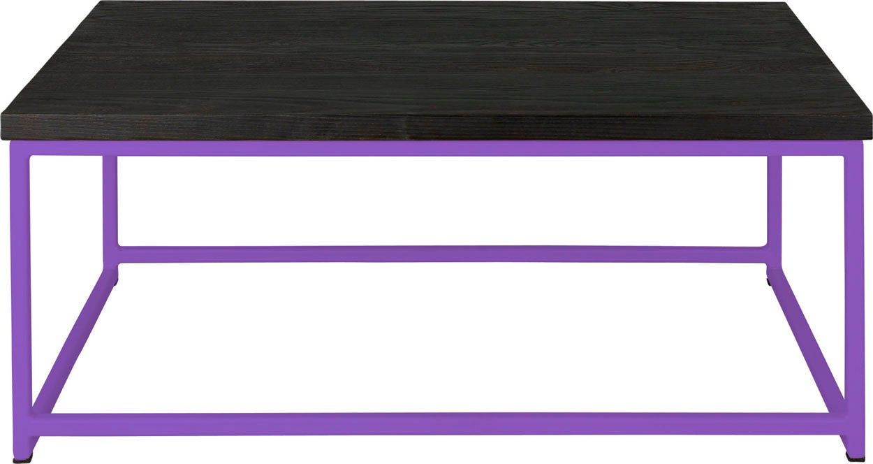 Purple metal table with black stain ash wood made in UK - front view square frame