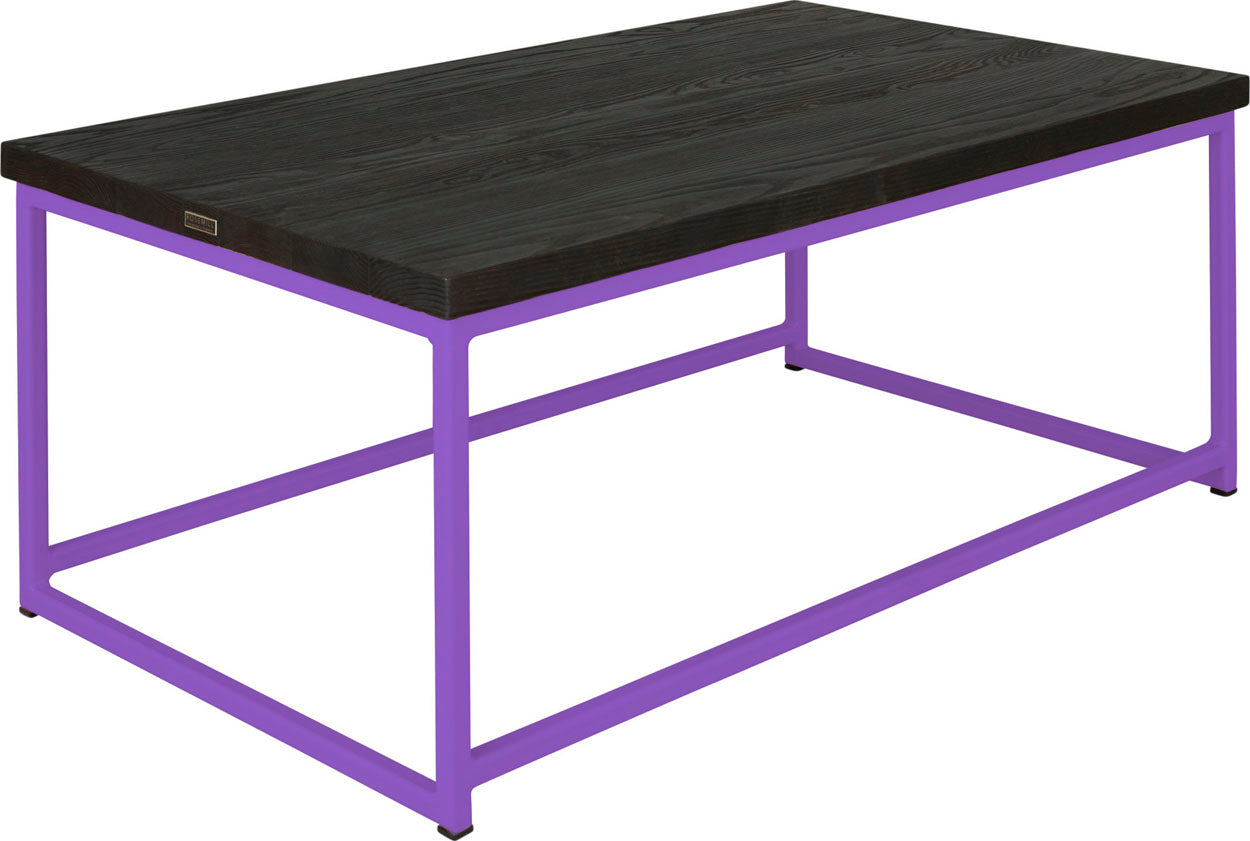 Purple metal table with black stain ash wood made in UK - angle view square frame