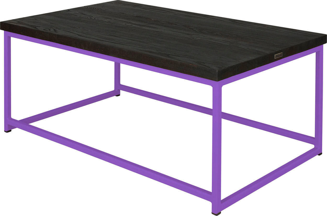 Purple metal table with black stain ash wood made in UK - back side view square frame