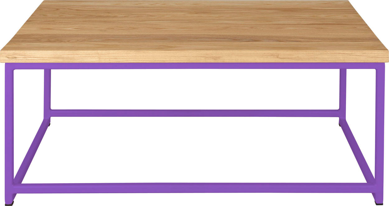 Purple metal table with natural stain ash wood made in UK - front view square frame
