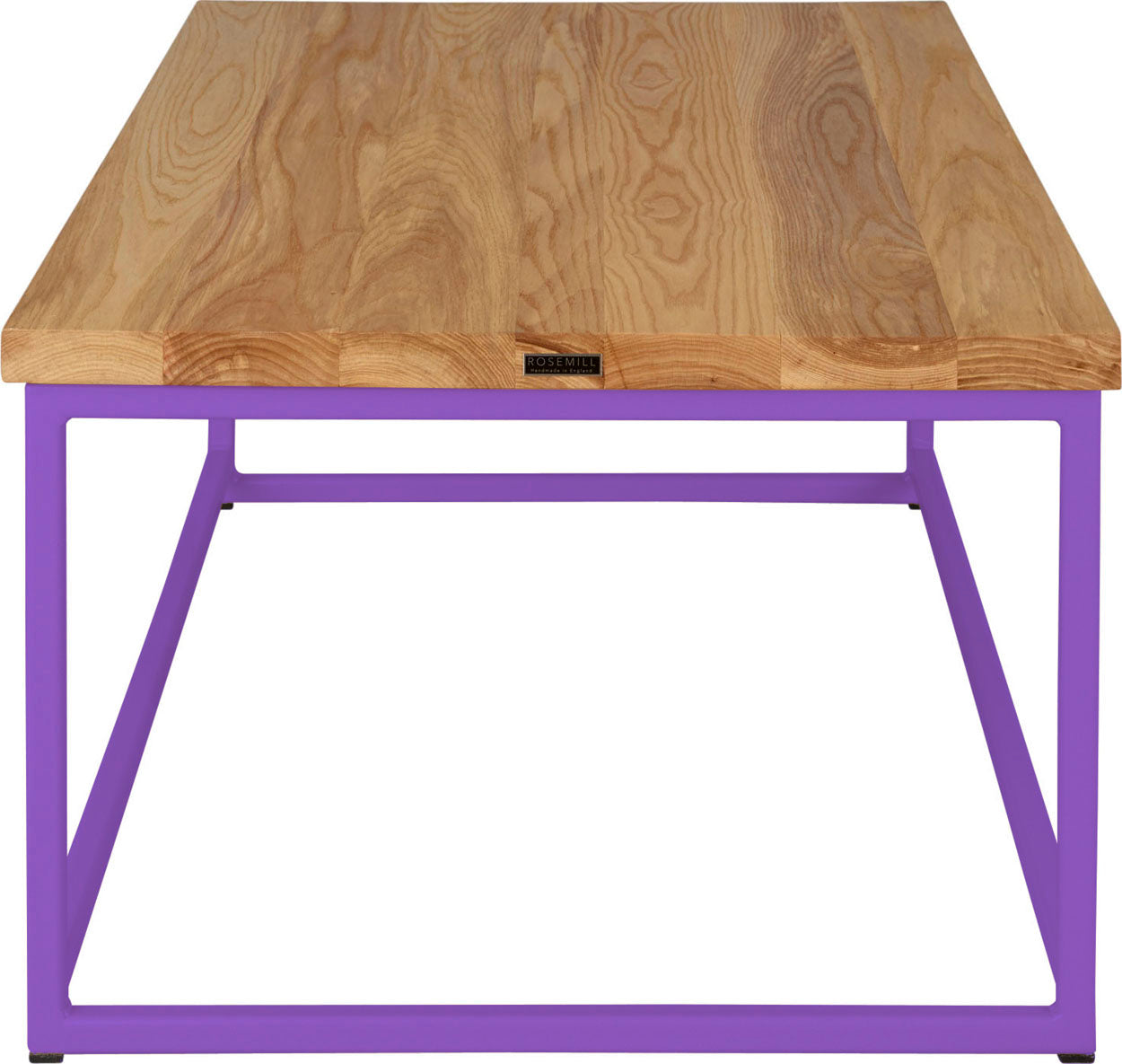 Purple metal table with natural stain ash wood made in UK - side view square frame
