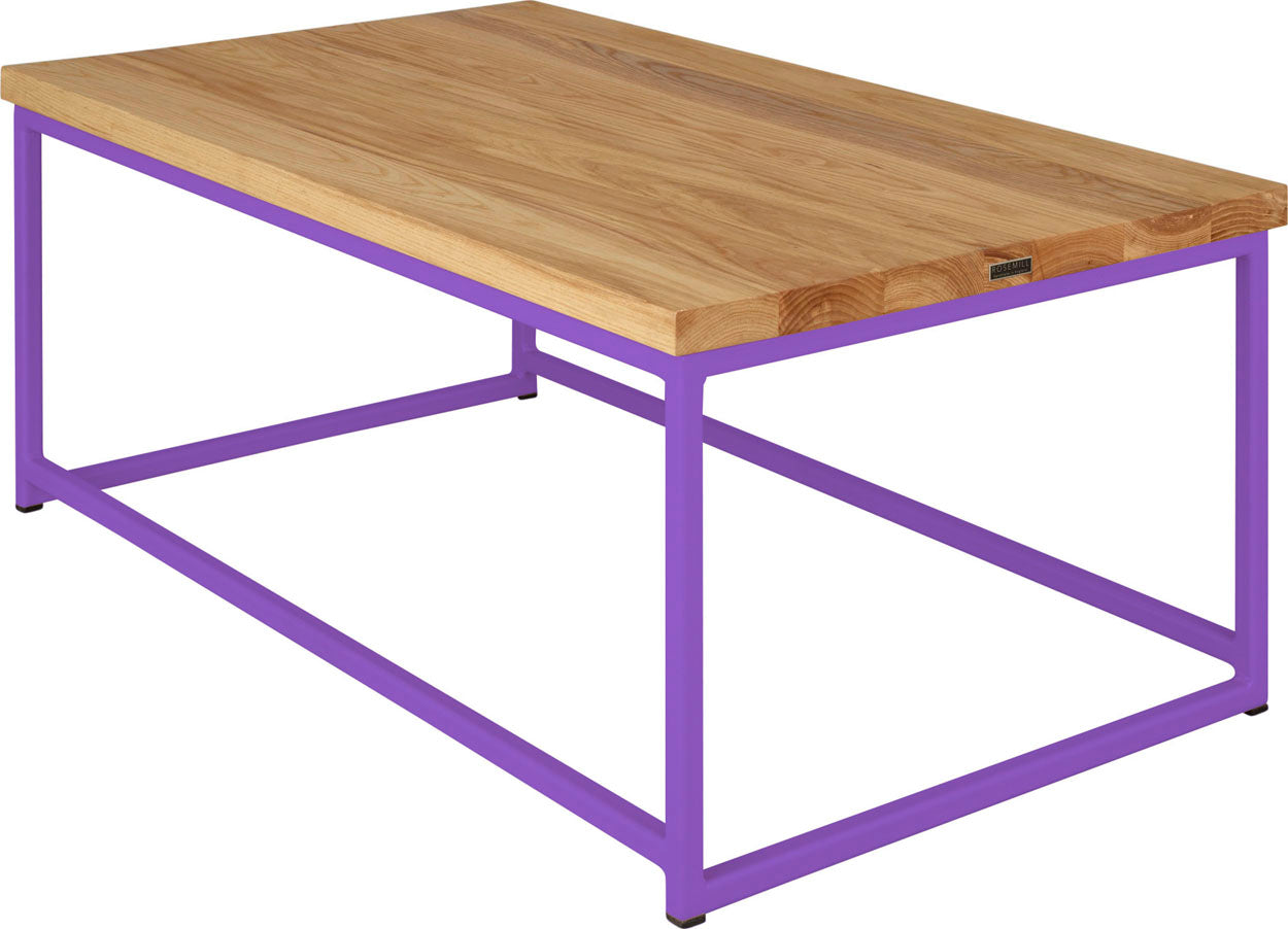 Purple metal table with natural stain ash wood made in UK - back side view square frame