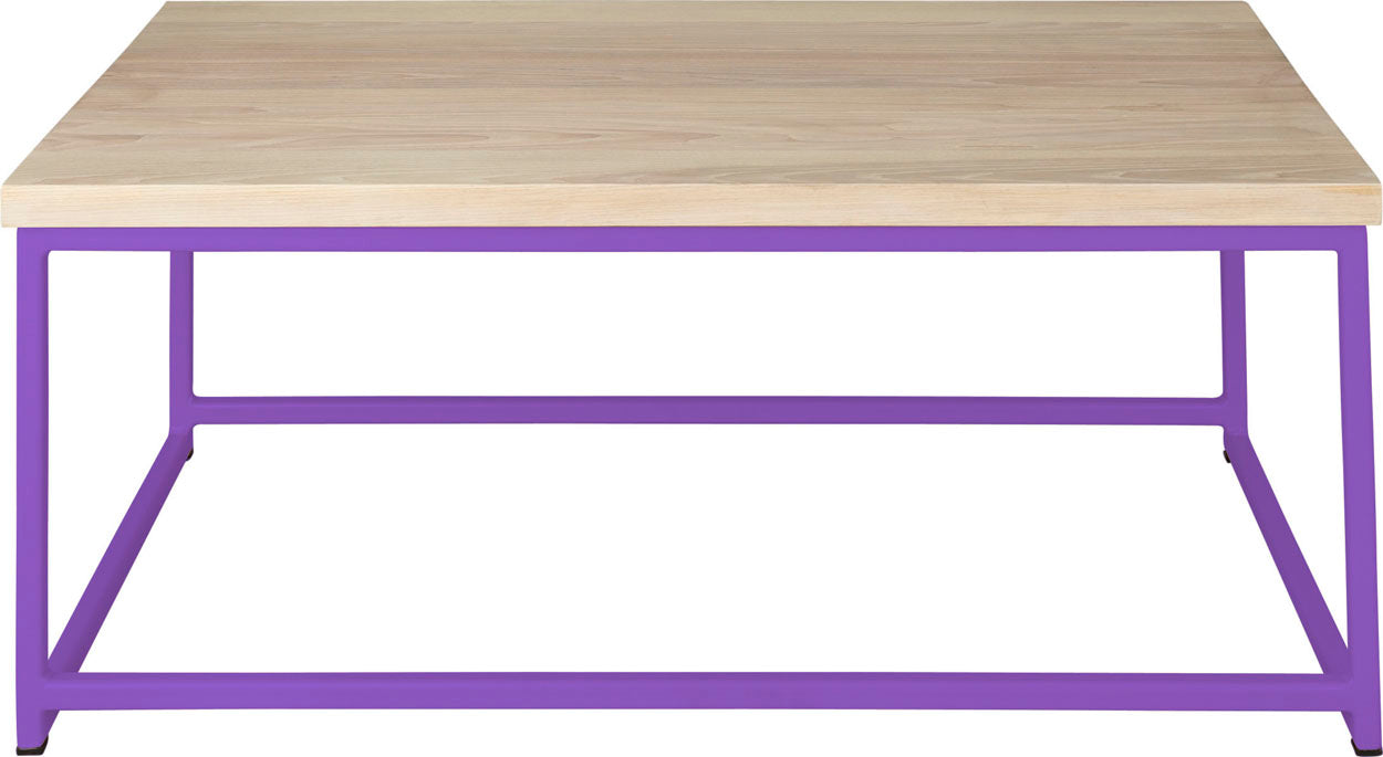 Purple metal table with whitewash stain ash wood made in UK - front view square frame