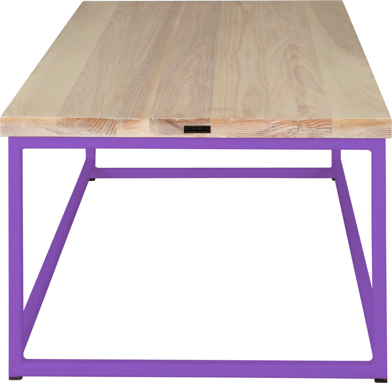 Purple metal table with whitewash stain ash wood made in UK - side view square frame