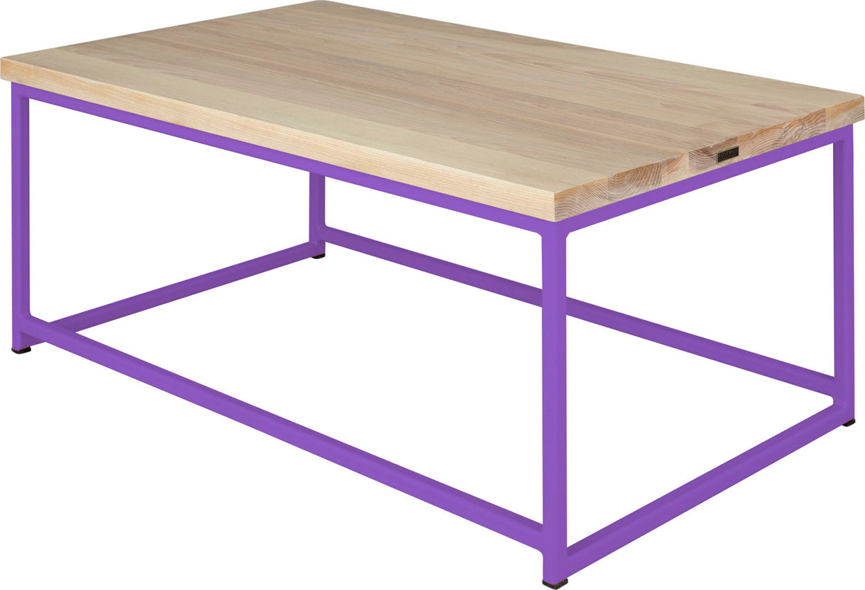 Purple metal table with whitewash stain ash wood made in UK - back side view square frame