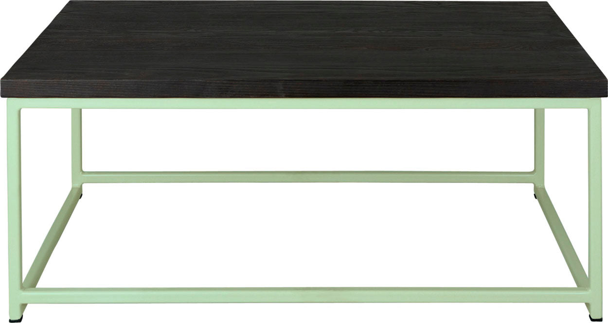 Mint green metal table with black stain ash wood made in UK - front view square frame