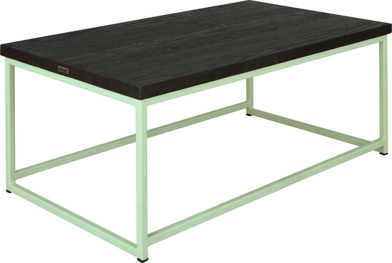 Mint green metal table with black stain ash wood made in UK - angle view square frame