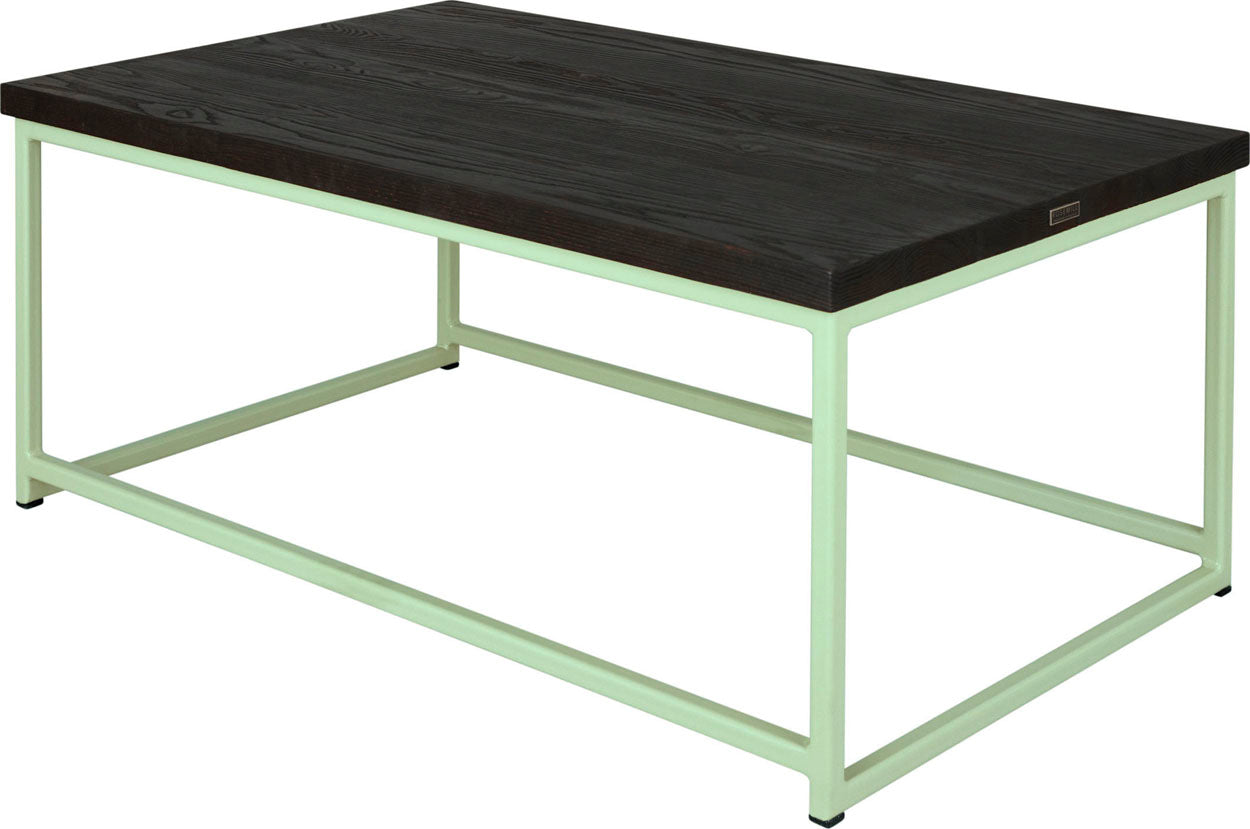 Mint green metal table with black stain ash wood made in UK - back side view square frame