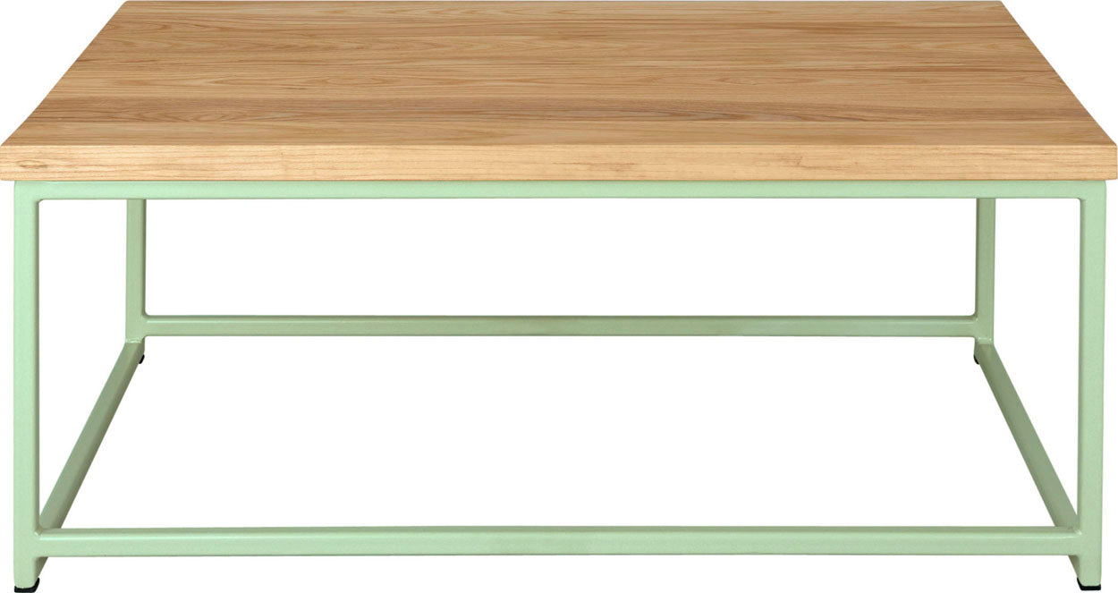 Mint green metal table with natural stain ash wood made in UK - front view square frame