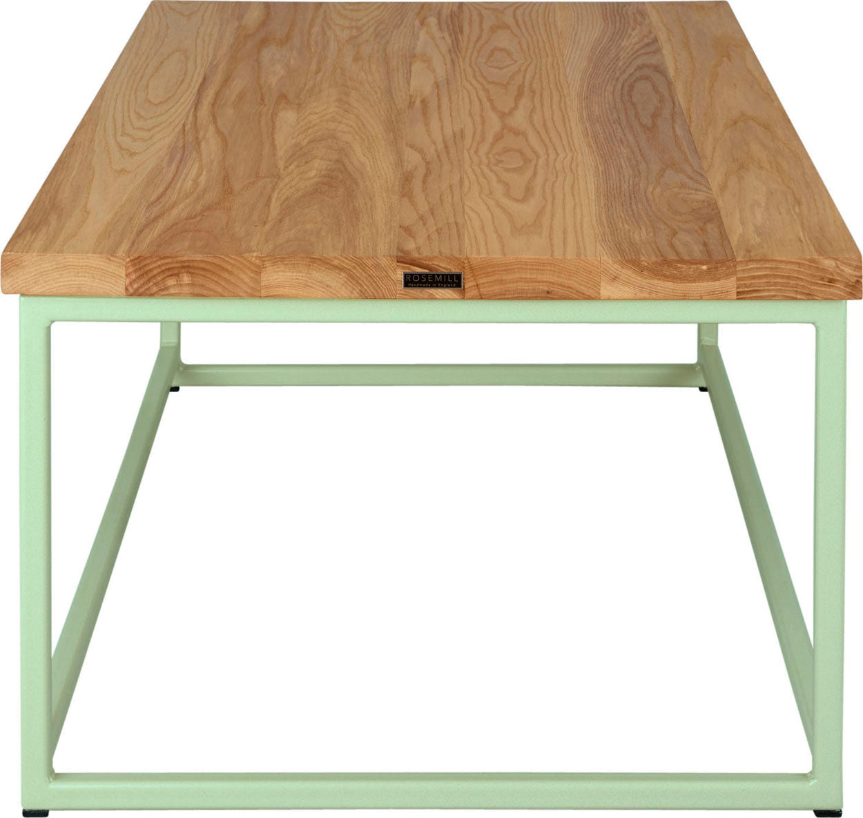 Mint green metal table with natural stain ash wood made in UK - side view square frame