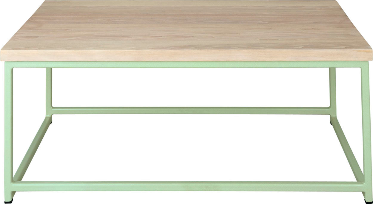 Mint green metal table with whitewash stain ash wood made in UK - front view square frame