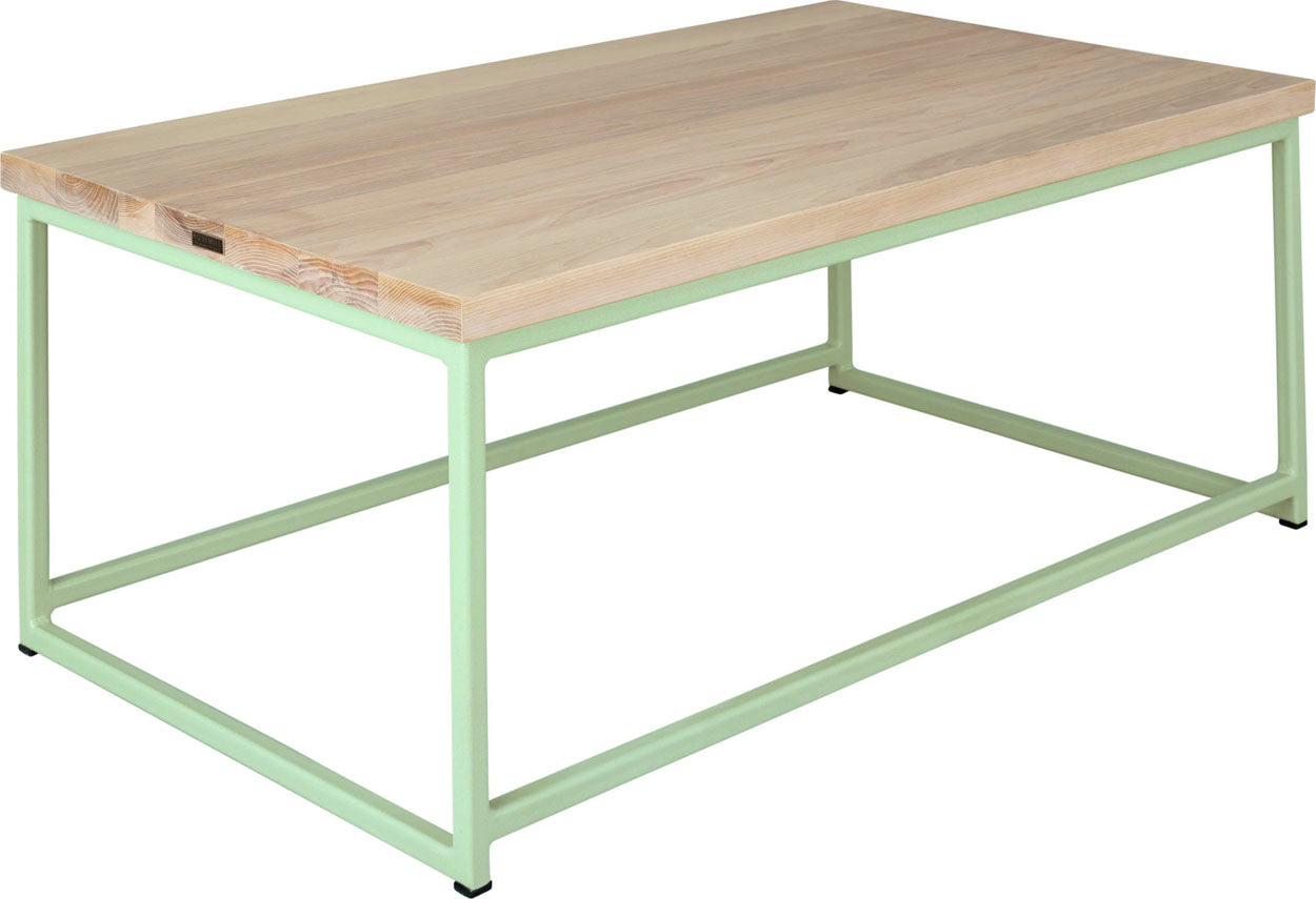 Mint green metal table with whitewash stain ash wood made in UK - angle view square frame